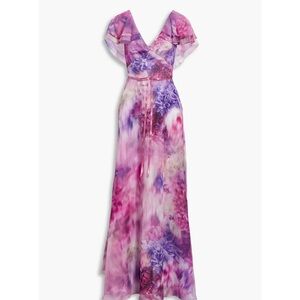 Marchesa Notte Floral Print Ruffle Chiffon Gown
